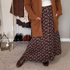 🍂 Woolrich Brown Leaf Print Button Front Skirt 100% Rayon